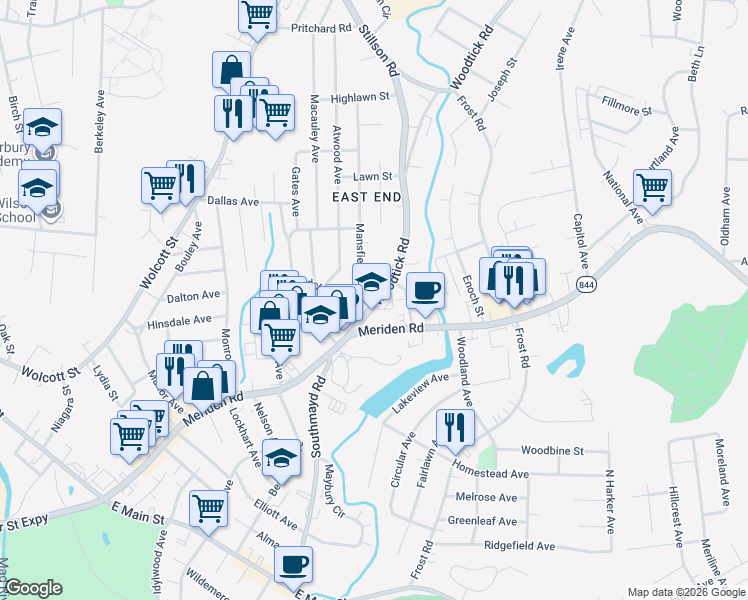map of restaurants, bars, coffee shops, grocery stores, and more near 81 Woodtick Road in Waterbury