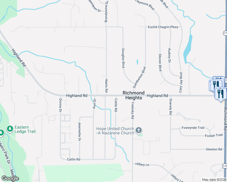 map of restaurants, bars, coffee shops, grocery stores, and more near 25595 Highland Road in Richmond Heights