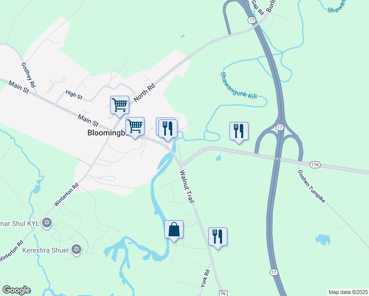 map of restaurants, bars, coffee shops, grocery stores, and more near 10 New York 17K in Bloomingburg