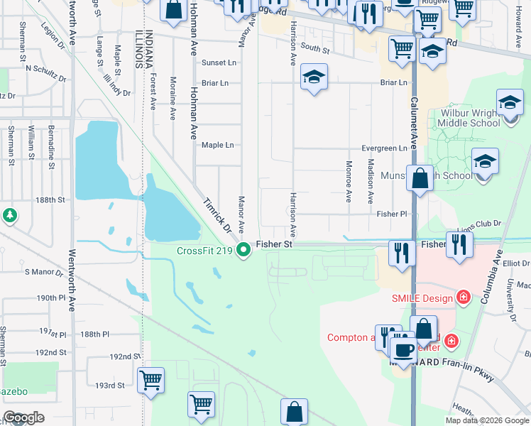 map of restaurants, bars, coffee shops, grocery stores, and more near 8825 Janeway Court in Munster
