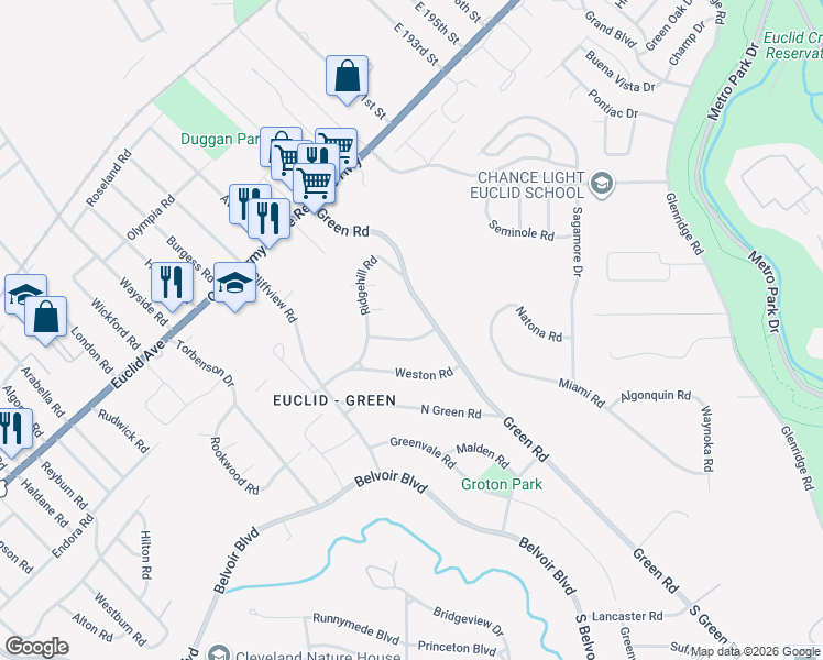 map of restaurants, bars, coffee shops, grocery stores, and more near 18089 Blandford Road in Cleveland