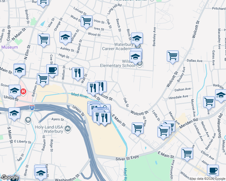 map of restaurants, bars, coffee shops, grocery stores, and more near 34 Howard Street in Waterbury