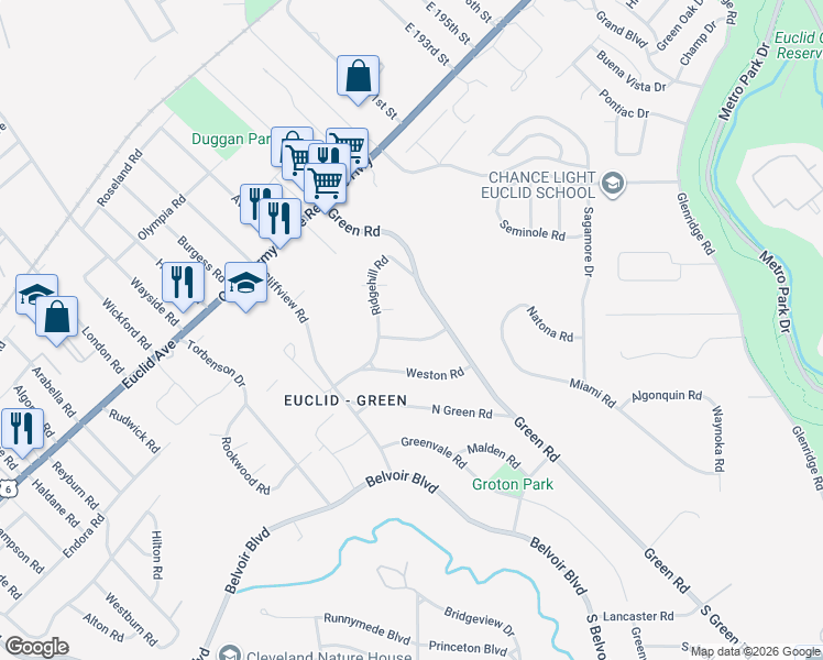map of restaurants, bars, coffee shops, grocery stores, and more near 18089 Blandford Road in Cleveland
