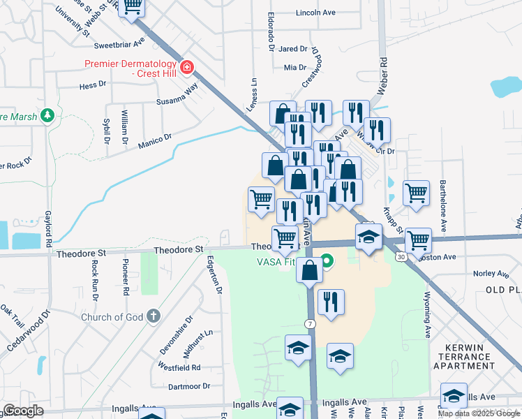 map of restaurants, bars, coffee shops, grocery stores, and more near 1701 Larkin Avenue in Crest Hill