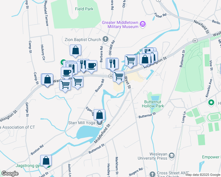 map of restaurants, bars, coffee shops, grocery stores, and more near 38 Boston Road in Middletown