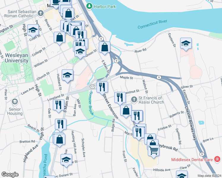 map of restaurants, bars, coffee shops, grocery stores, and more near 99 East Main Street in Middletown