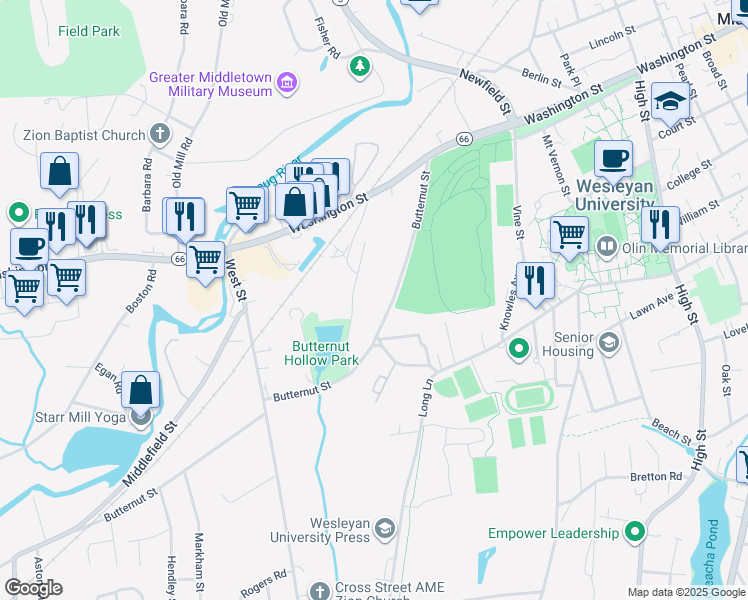 map of restaurants, bars, coffee shops, grocery stores, and more near 66 Thomas Street in Middletown