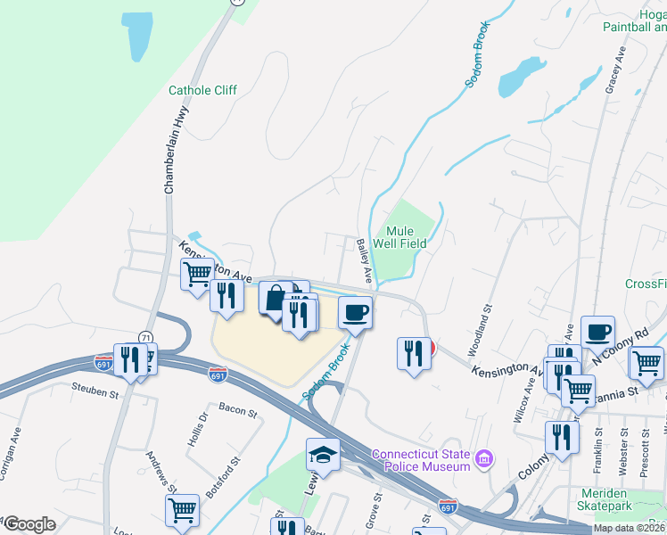 map of restaurants, bars, coffee shops, grocery stores, and more near 373 Kensington Avenue in Meriden