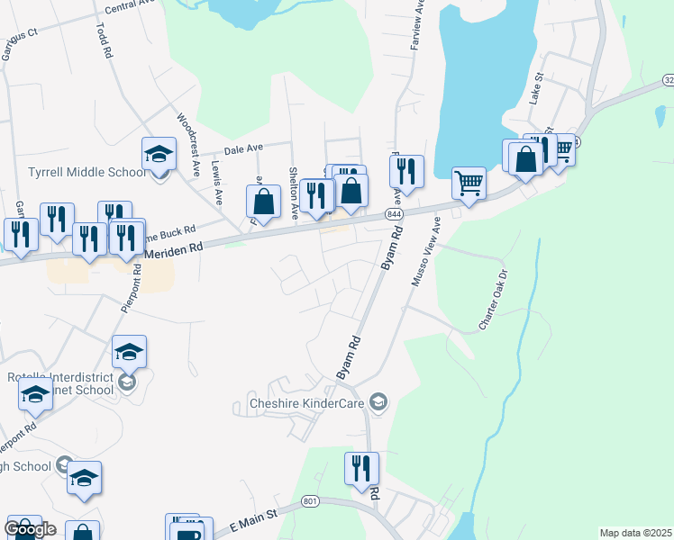 map of restaurants, bars, coffee shops, grocery stores, and more near 75 Midfield Drive in Waterbury