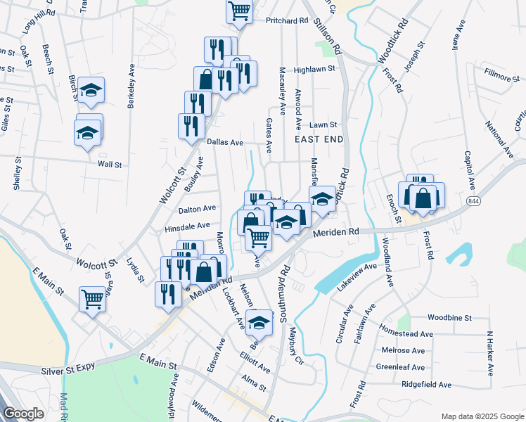 map of restaurants, bars, coffee shops, grocery stores, and more near 67 Academy Avenue in Waterbury