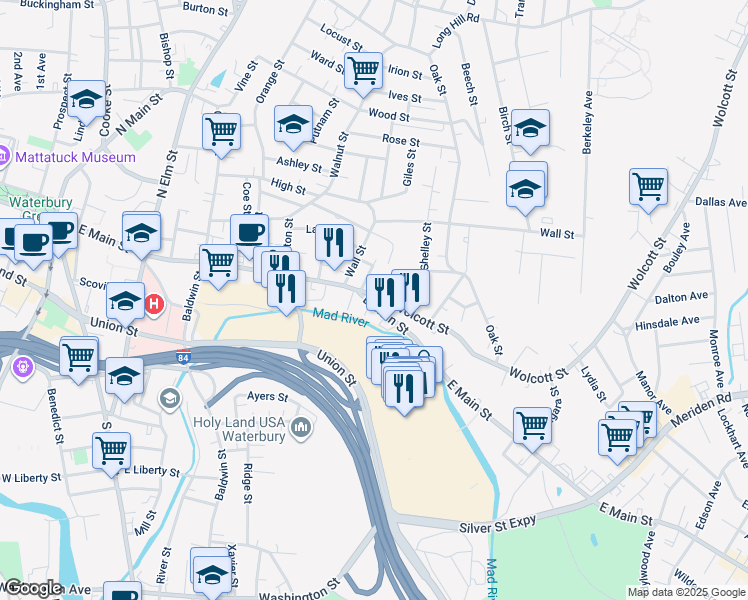 map of restaurants, bars, coffee shops, grocery stores, and more near 758 East Main Street in Waterbury