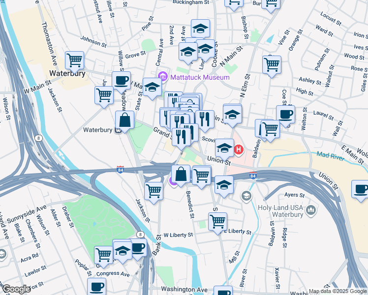 map of restaurants, bars, coffee shops, grocery stores, and more near 63 Grand Street in Waterbury