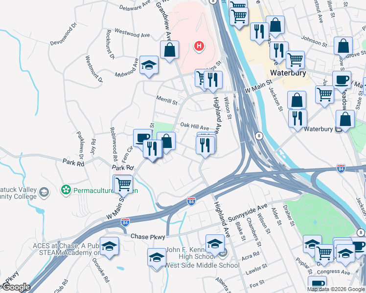 map of restaurants, bars, coffee shops, grocery stores, and more near 191 Ledgeside Avenue in Waterbury
