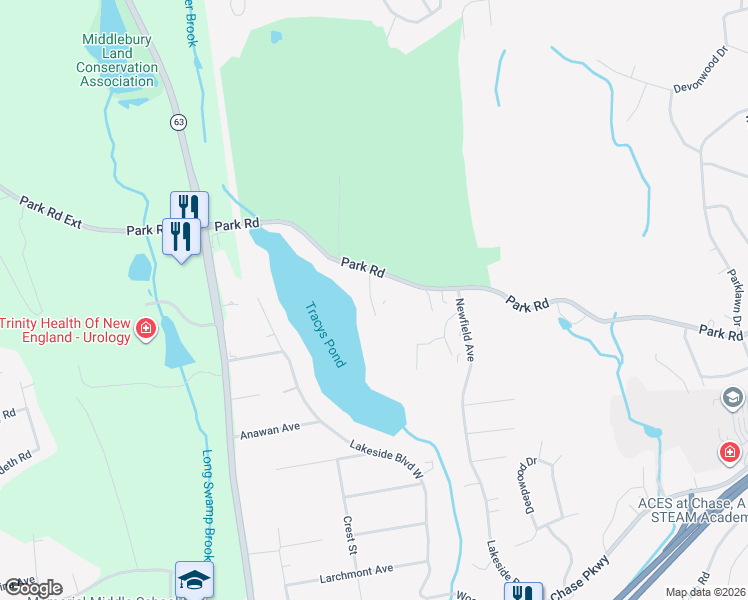 map of restaurants, bars, coffee shops, grocery stores, and more near 11-11 Lakeside Boulevard East in Waterbury