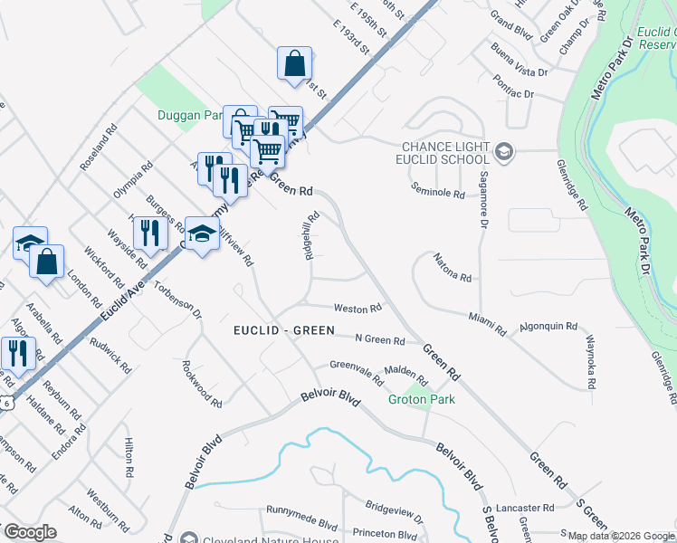 map of restaurants, bars, coffee shops, grocery stores, and more near 18089 Blandford Road in Cleveland