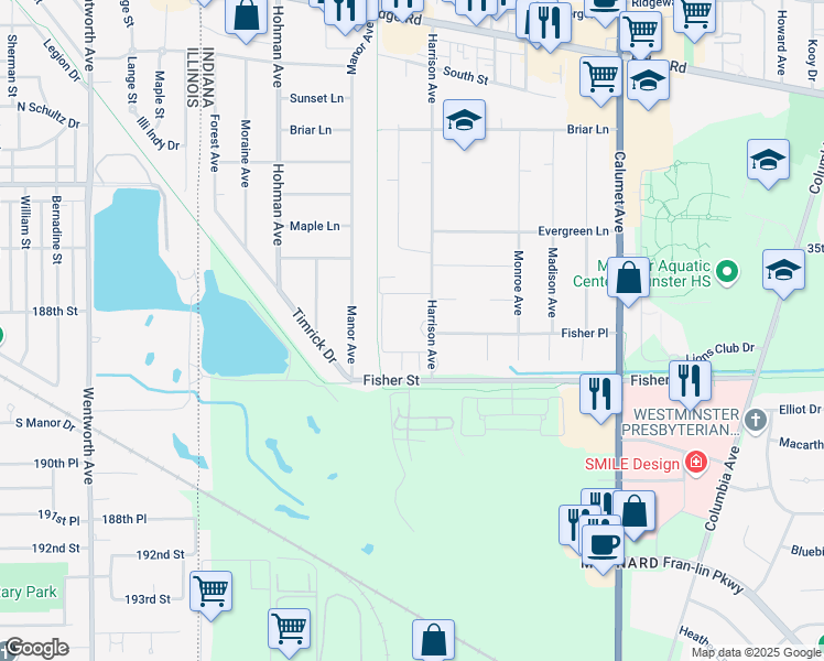 map of restaurants, bars, coffee shops, grocery stores, and more near 8825 Janeway Court in Munster