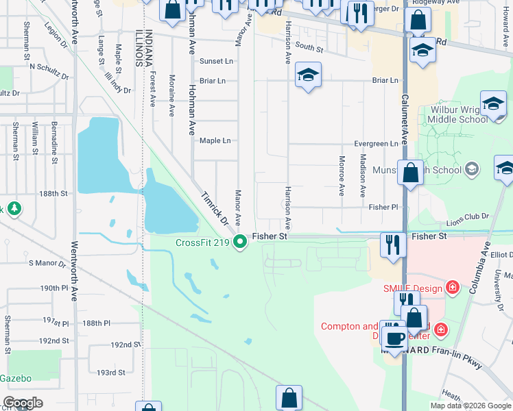 map of restaurants, bars, coffee shops, grocery stores, and more near 8819 Manor Ave in Munster