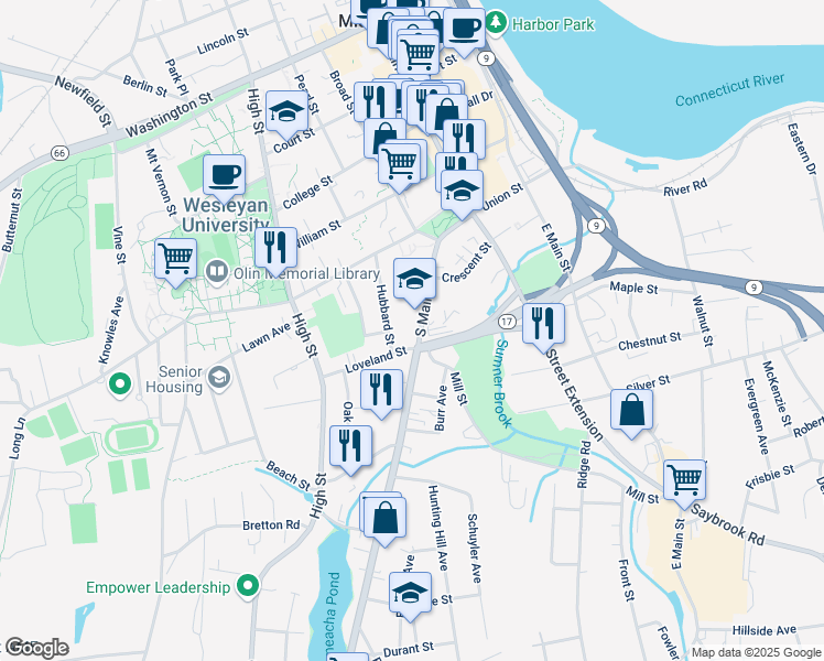 map of restaurants, bars, coffee shops, grocery stores, and more near 113 South Main Street in Middletown