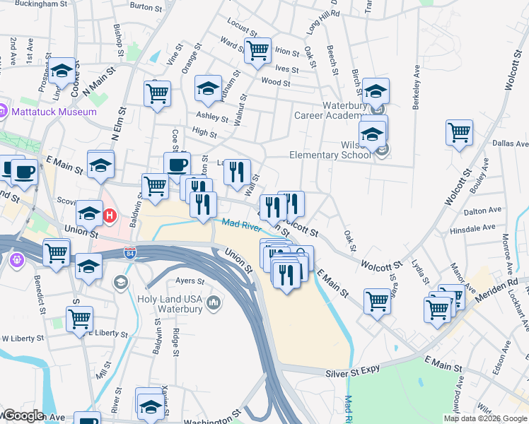map of restaurants, bars, coffee shops, grocery stores, and more near 758 East Main Street in Waterbury