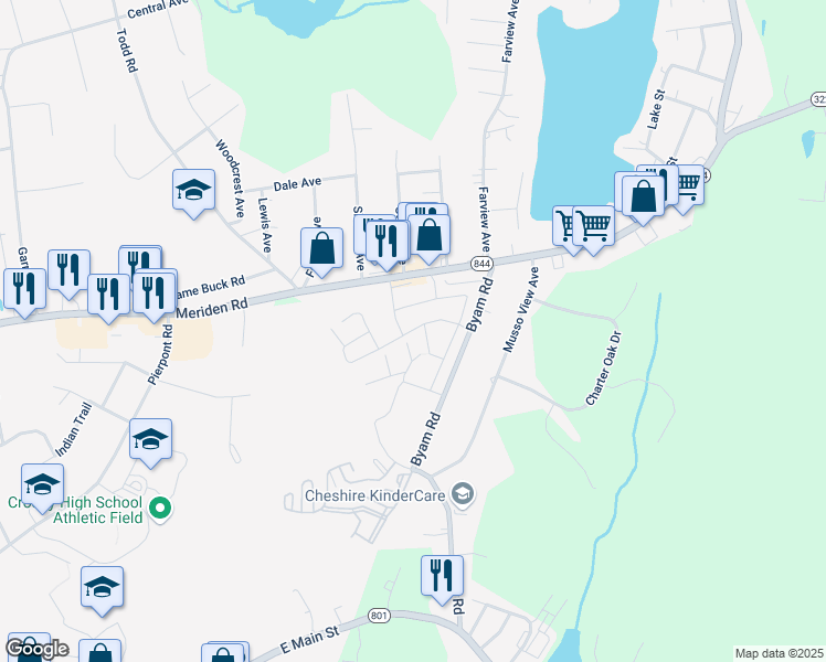 map of restaurants, bars, coffee shops, grocery stores, and more near 75 Midfield Drive in Waterbury