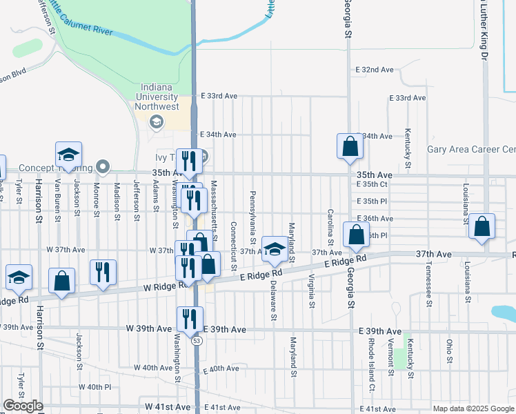 map of restaurants, bars, coffee shops, grocery stores, and more near 3587 Pennsylvania Street in Gary