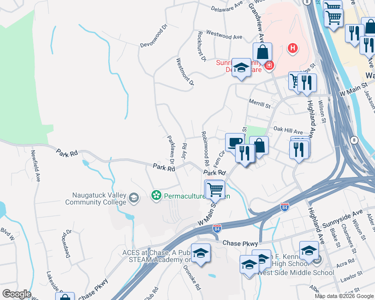 map of restaurants, bars, coffee shops, grocery stores, and more near 112 Park Road in Waterbury