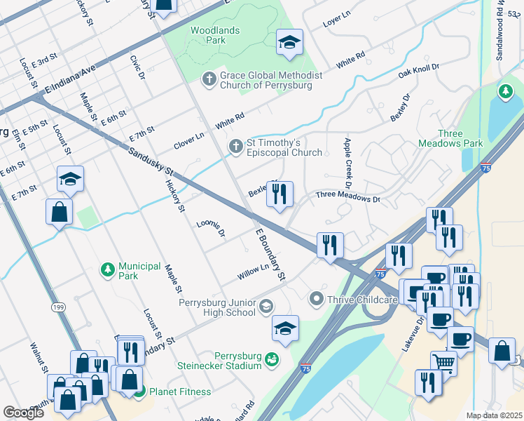 map of restaurants, bars, coffee shops, grocery stores, and more near 1001 Sandusky Street in Perrysburg