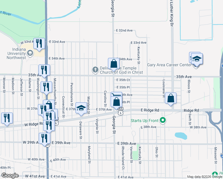 map of restaurants, bars, coffee shops, grocery stores, and more near 3588 Georgia Street in Gary