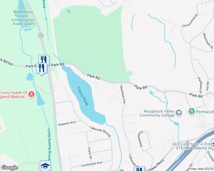 map of restaurants, bars, coffee shops, grocery stores, and more near 557 Park Road in Waterbury