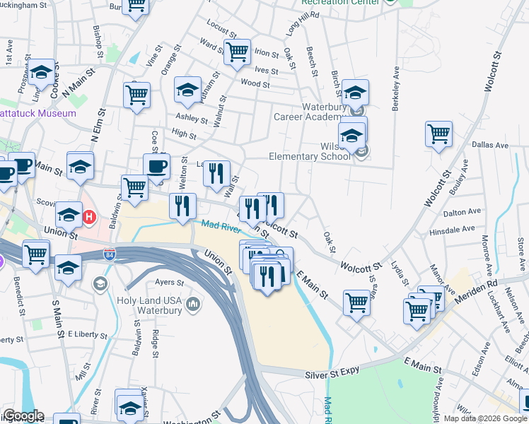 map of restaurants, bars, coffee shops, grocery stores, and more near 68 Wolcott Street in Waterbury