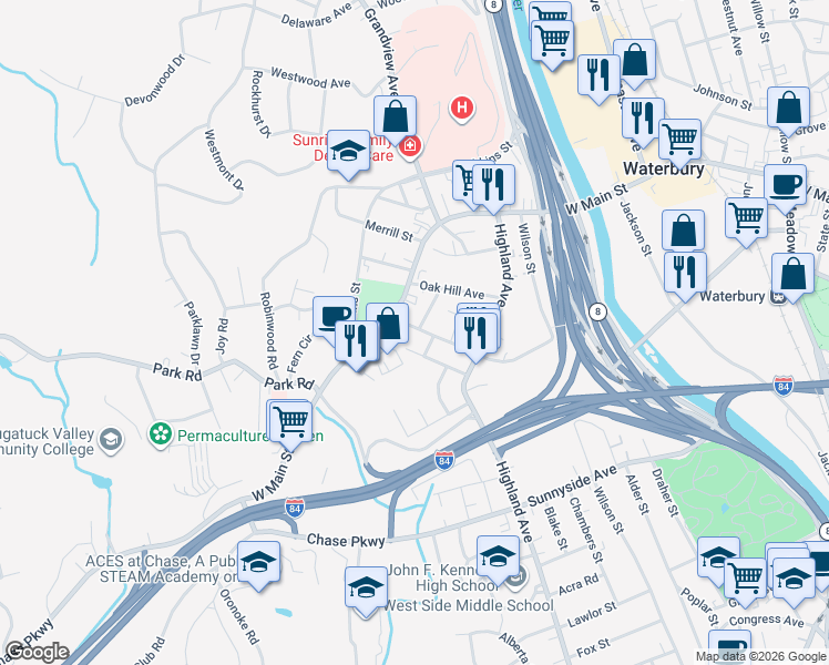 map of restaurants, bars, coffee shops, grocery stores, and more near 191 Ledgeside Avenue in Waterbury