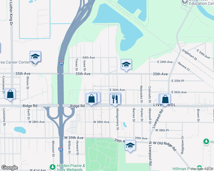 map of restaurants, bars, coffee shops, grocery stores, and more near 2616 East 36th Avenue in Gary