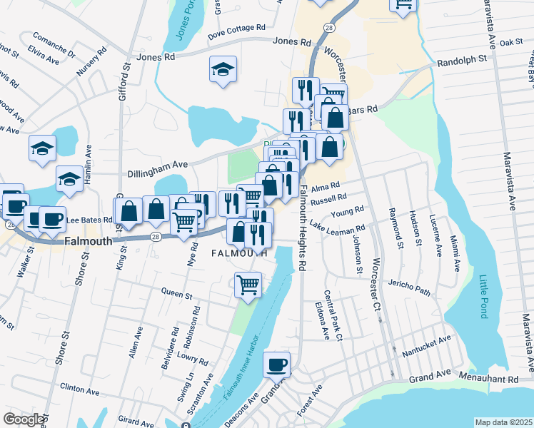 map of restaurants, bars, coffee shops, grocery stores, and more near 24 Scranton Ave in Falmouth