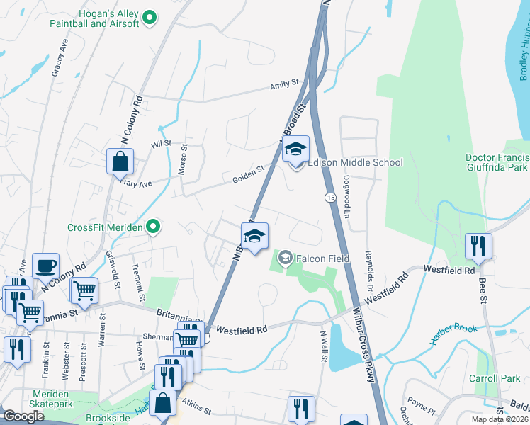 map of restaurants, bars, coffee shops, grocery stores, and more near 33 Robin Hill Road in Meriden
