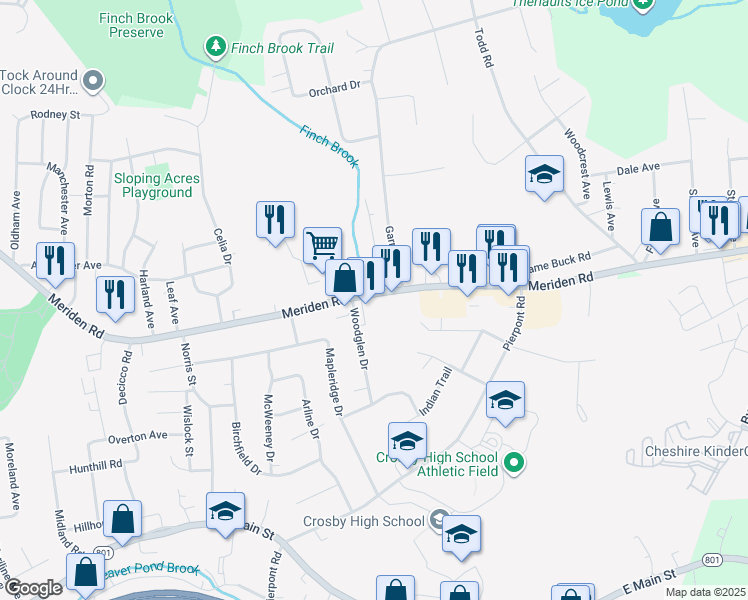 map of restaurants, bars, coffee shops, grocery stores, and more near 1344 Meriden Road in Waterbury