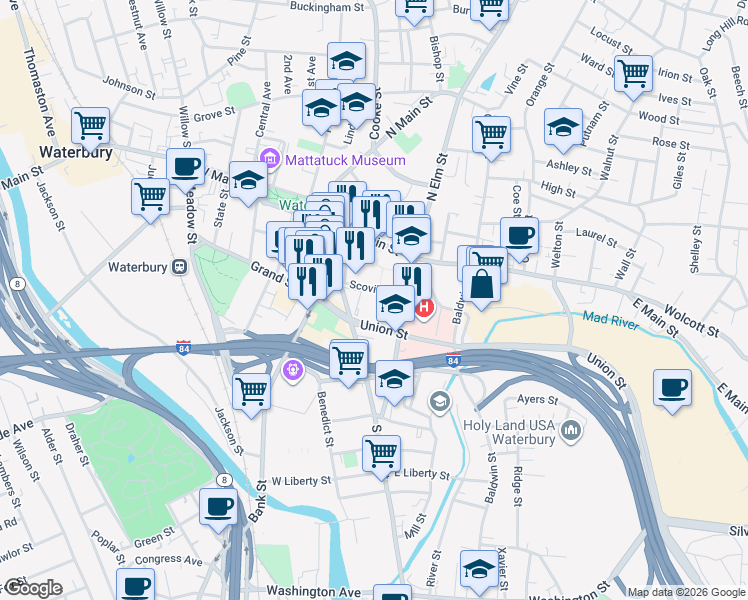 map of restaurants, bars, coffee shops, grocery stores, and more near 88 Union Street in Waterbury