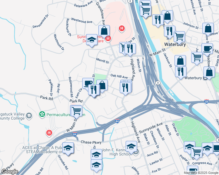 map of restaurants, bars, coffee shops, grocery stores, and more near 191 Ledgeside Avenue in Waterbury