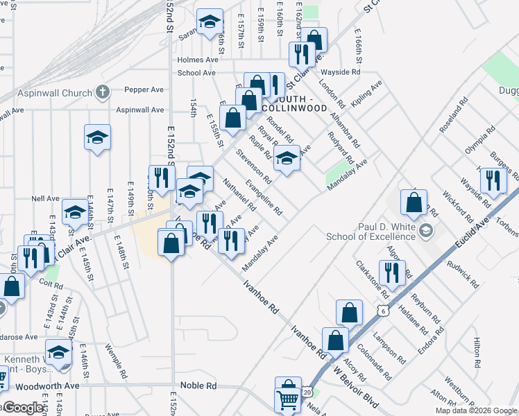 map of restaurants, bars, coffee shops, grocery stores, and more near 990 Nathaniel Road in Cleveland