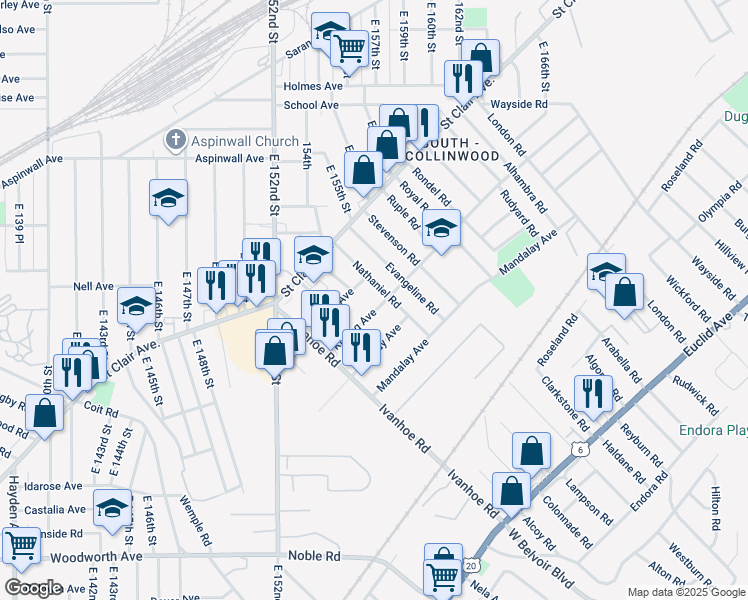 map of restaurants, bars, coffee shops, grocery stores, and more near 15613 Kipling Avenue in Cleveland