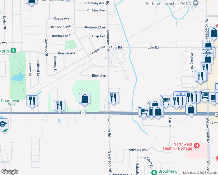 map of restaurants, bars, coffee shops, grocery stores, and more near 3401 Swanson Road in Portage