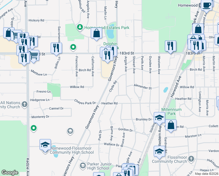 map of restaurants, bars, coffee shops, grocery stores, and more near 18516 Clyde Road in Homewood