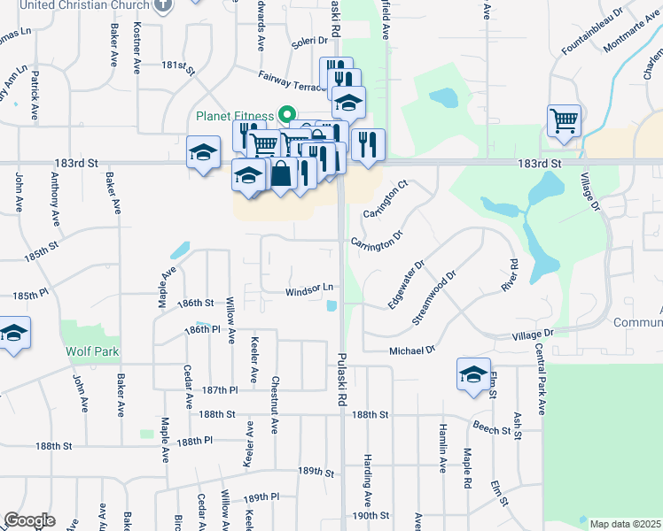 map of restaurants, bars, coffee shops, grocery stores, and more near 18450 Pulaski Road in Country Club Hills