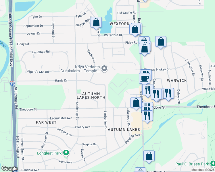 map of restaurants, bars, coffee shops, grocery stores, and more near 1701 Timberline Drive in Joliet