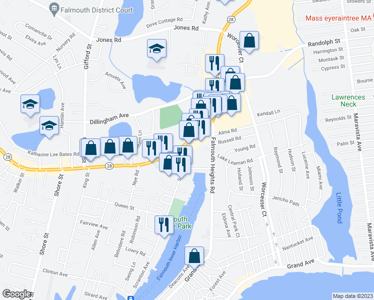 map of restaurants, bars, coffee shops, grocery stores, and more near 763 Main Street in Falmouth