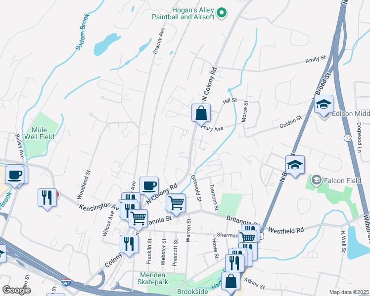 map of restaurants, bars, coffee shops, grocery stores, and more near 690 North Colony Road in Meriden