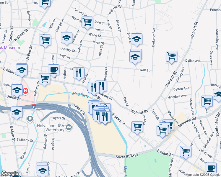 map of restaurants, bars, coffee shops, grocery stores, and more near 15 Howard Street in Waterbury