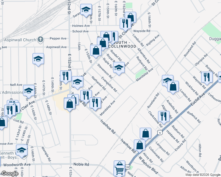 map of restaurants, bars, coffee shops, grocery stores, and more near 990 Nathaniel Road in Cleveland