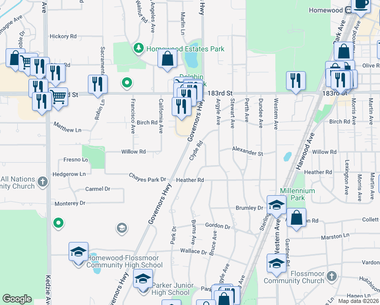 map of restaurants, bars, coffee shops, grocery stores, and more near 18516 Clyde Road in Homewood