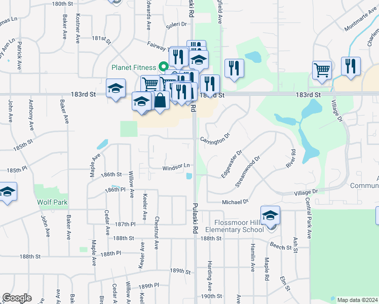 map of restaurants, bars, coffee shops, grocery stores, and more near 1206 Williamsburg Road in Country Club Hills