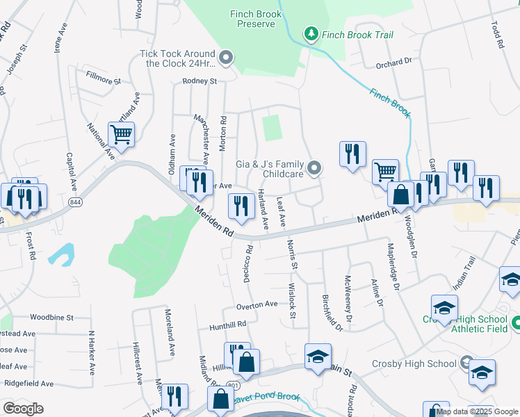 map of restaurants, bars, coffee shops, grocery stores, and more near 47 Harland Avenue in Waterbury